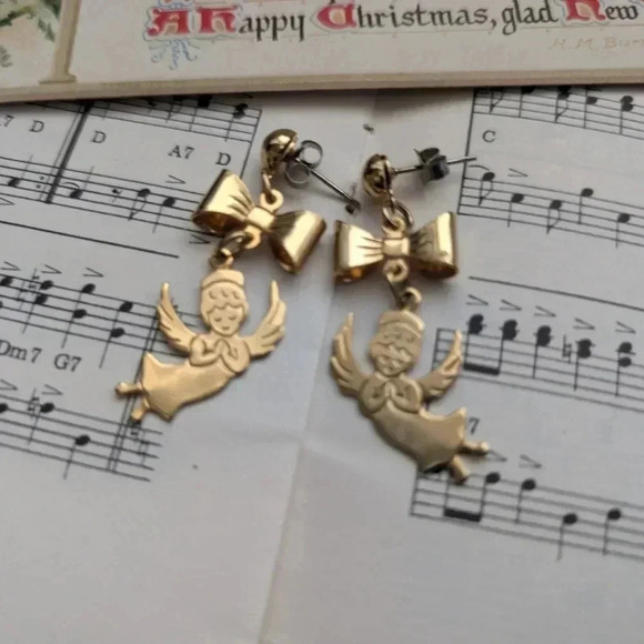 Gold Angel Bow Earrings - Picture 4 of 7